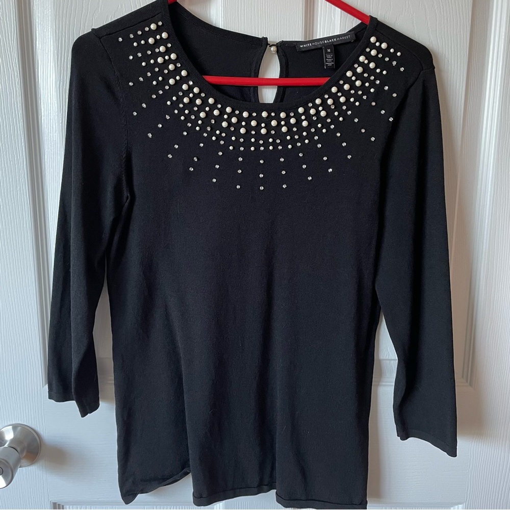 Women’s White House Black Market Sweater Top With Rhinestone and Pearl Appliqués